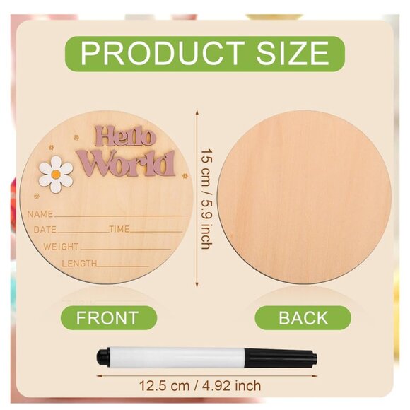 Newborn Baby "Hello World" Birth Announcement Sign Wooden Disc (SKU: 18IN) - Picture 2 of 2
